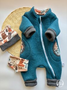 Merino Fleece Baby Overall Petrol Tiere
